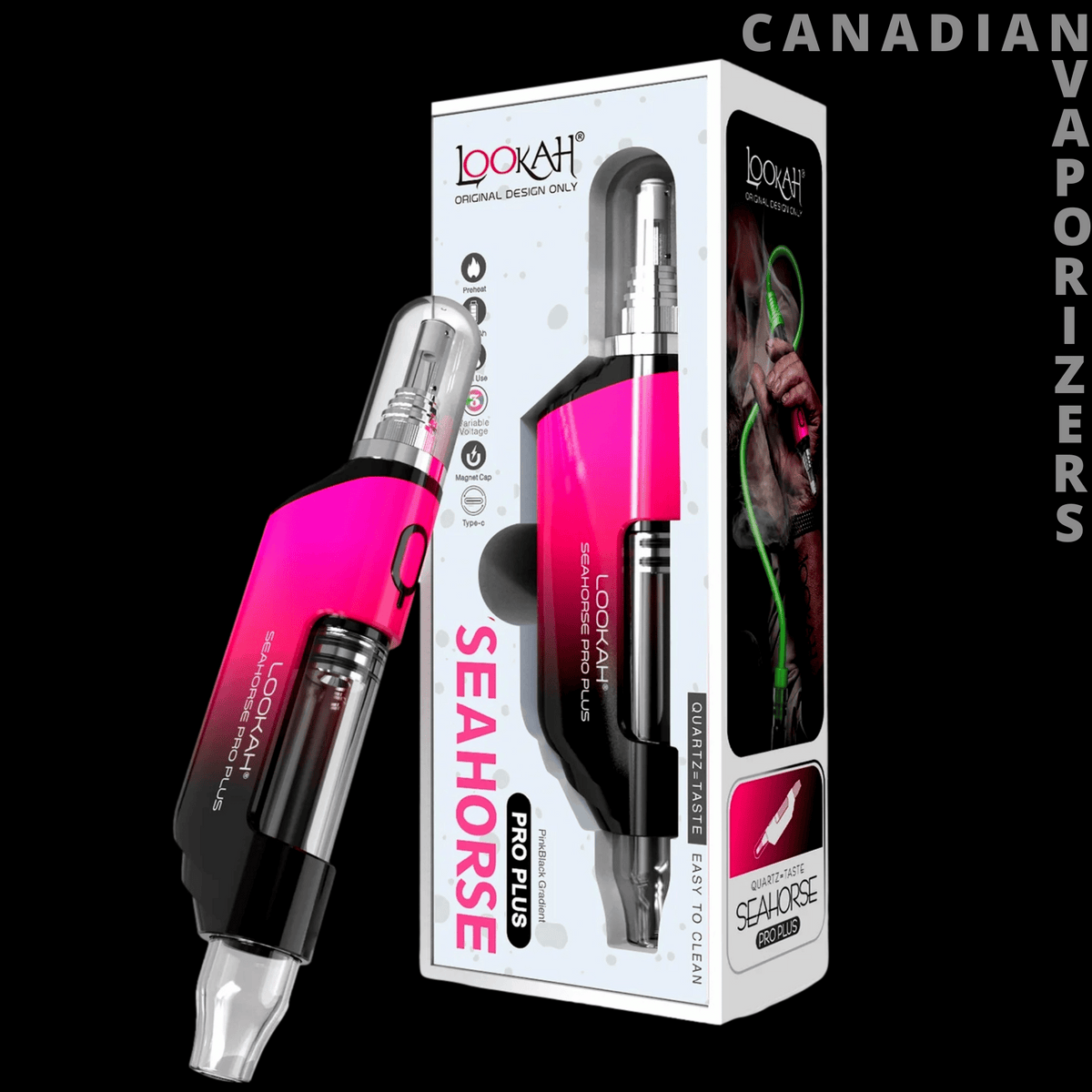 Lookah Seahorse Pro Plus Nectar Collector - Pink and black Lookah Seahorse Pro Plus nectar collector with a clear glass tip beside its retail box.