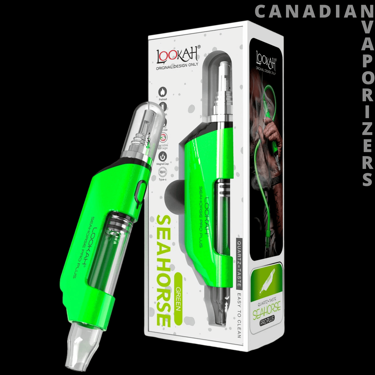 Lookah Seahorse Pro Plus Nectar Collector - Green and silver Lookah Seahorse Pro Plus nectar collector with a slim pen-shaped body beside its retail box.