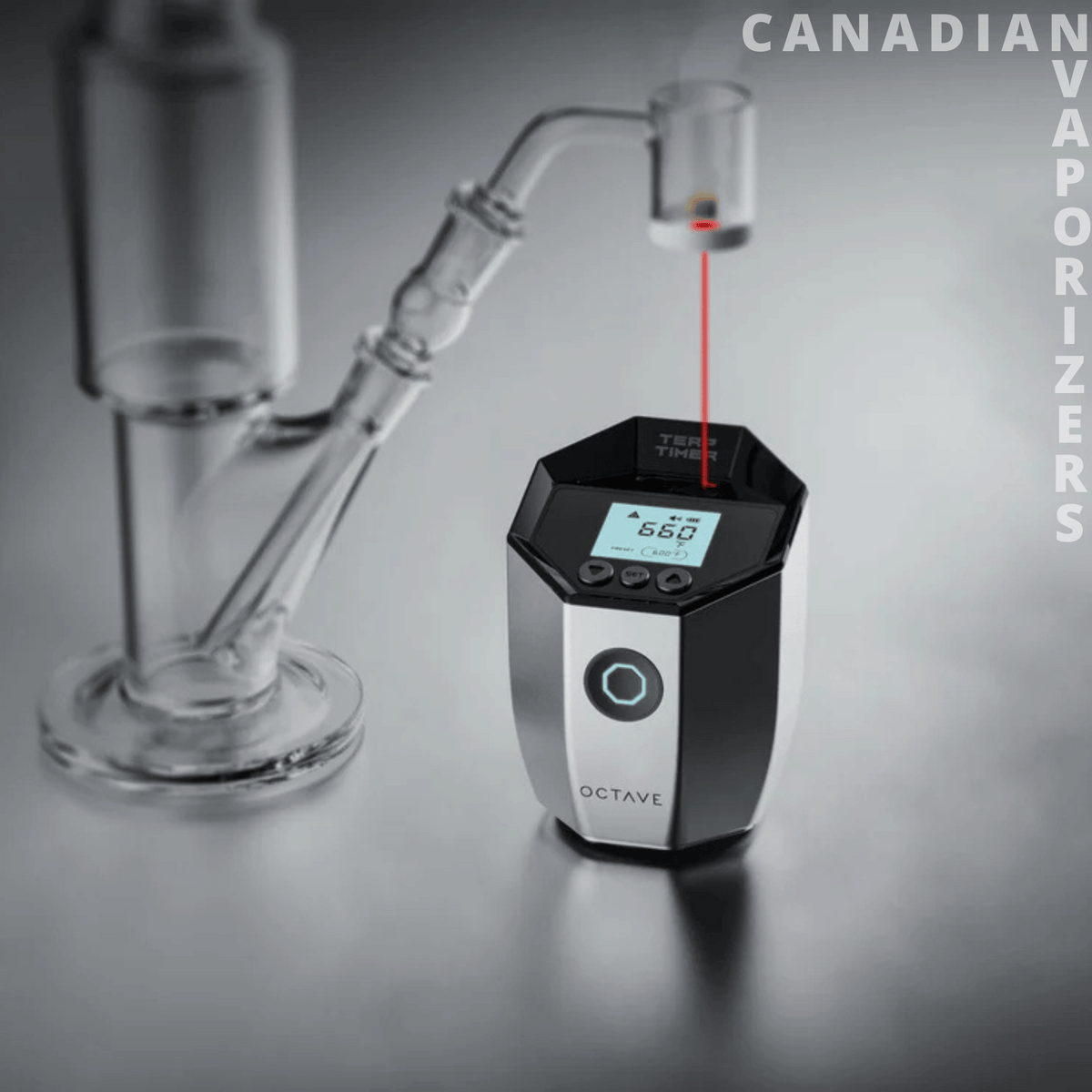 Octave Terp Timer - Silver Octave Terp Timer with a digital display and circular control, positioned beneath a glass vaporizer probe.