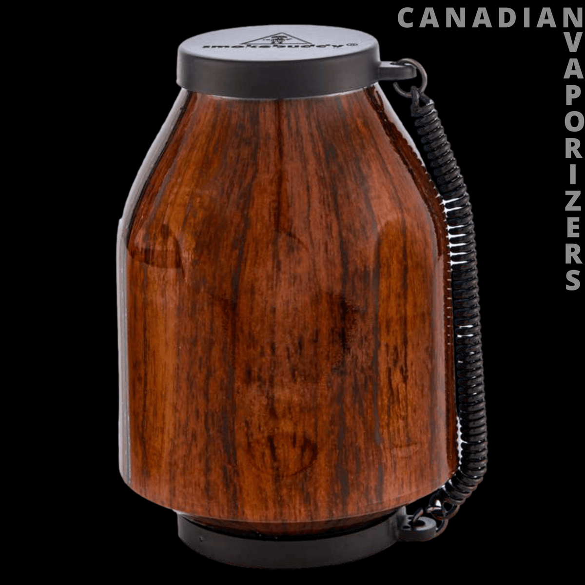 Original Smokebuddy - Barrel-shaped Smokebuddy with a glossy wood-grain finish, black end caps, and coiled wrist strap.