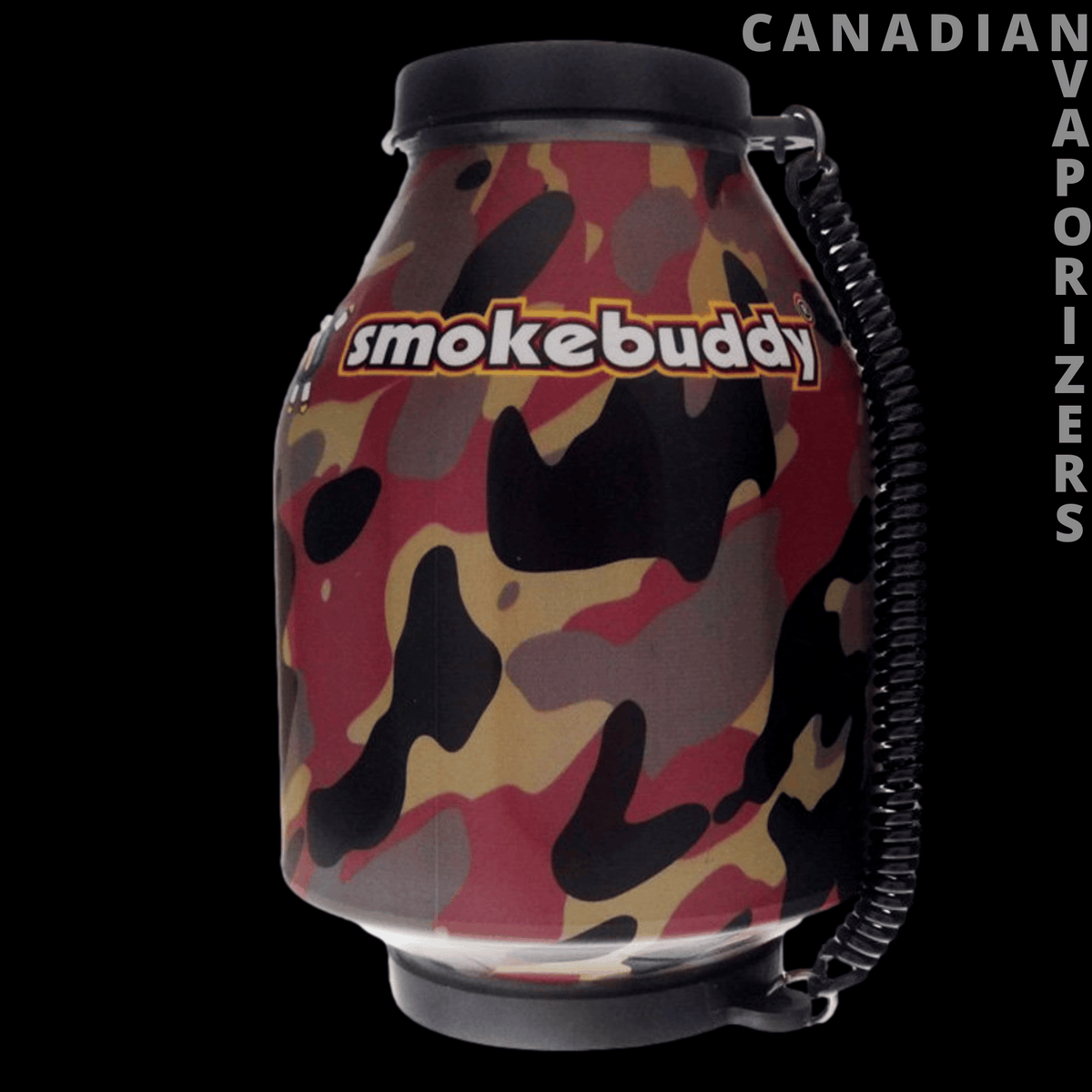 Original Smokebuddy - Camouflage-patterned Smokebuddy personal air filter with a black top and attached wrist strap.