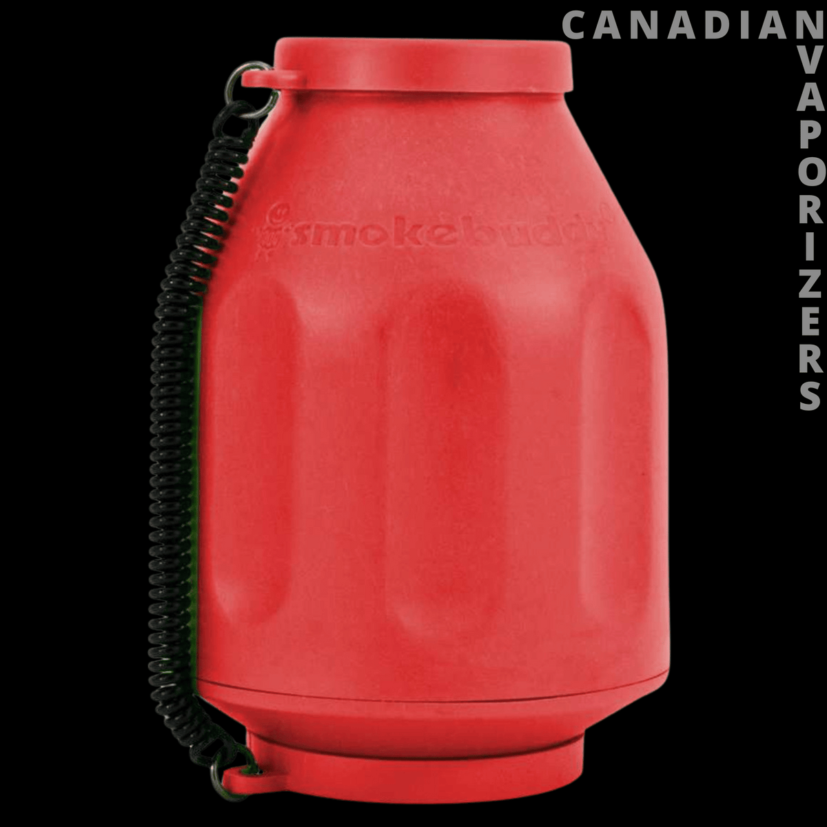 Original Smokebuddy - Red Smokebuddy smoke filter with a black coiled wrist strap and molded logo.