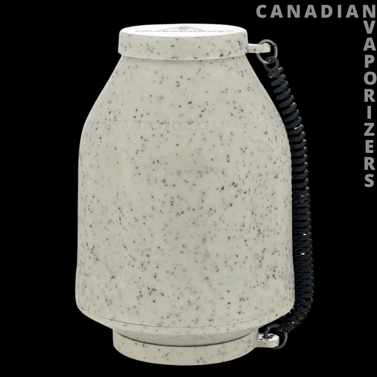 Original Smokebuddy - Speckled off-white Smokebuddy filter with a black coiled wrist strap and metal clips.