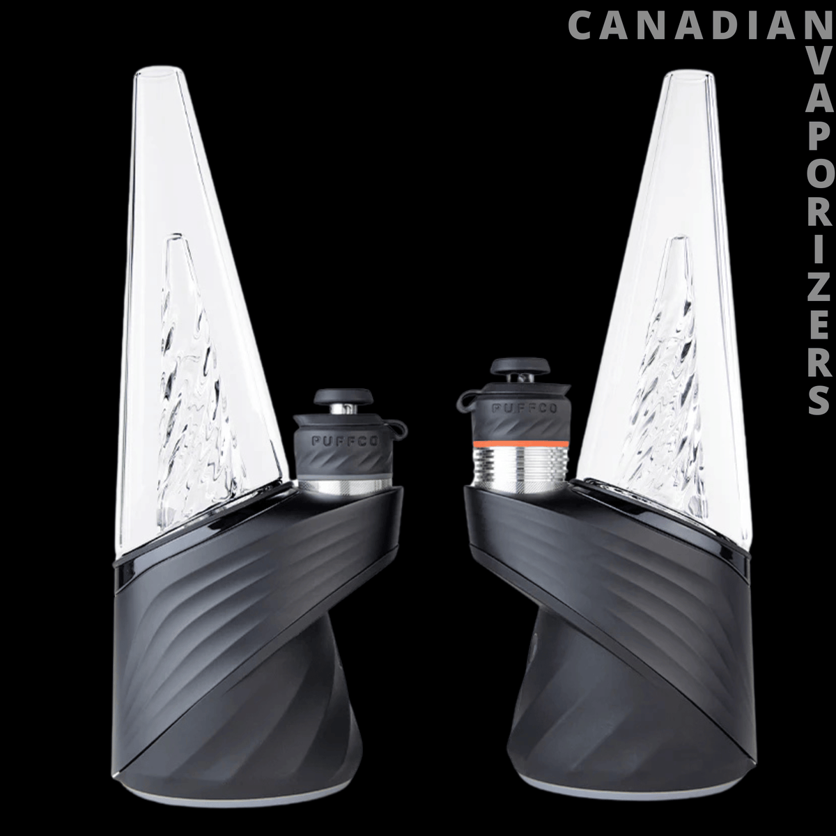 Puffco New Peak Pro 3DXL - Pair of black Puffco Peak Pro vaporizers with faceted white glass tops and ribbed bases.