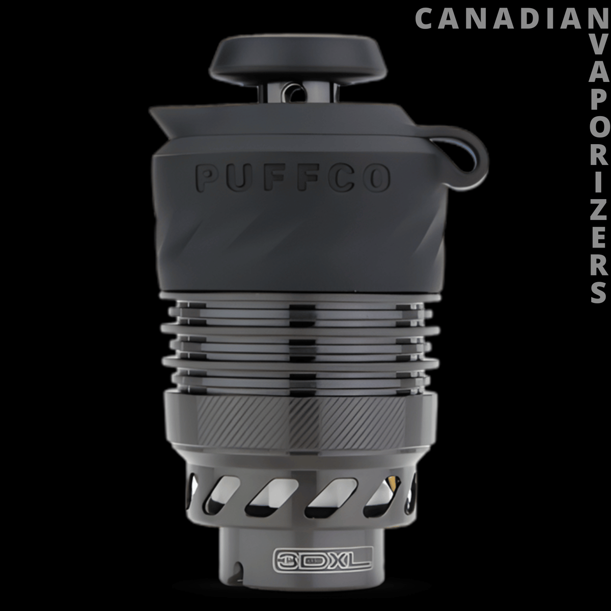 Puffco Peak Pro 3DXL Chamber - Black Puffco Peak Pro 3DXL chamber with ribbed metal base, vented openings, and 3DXL logo.