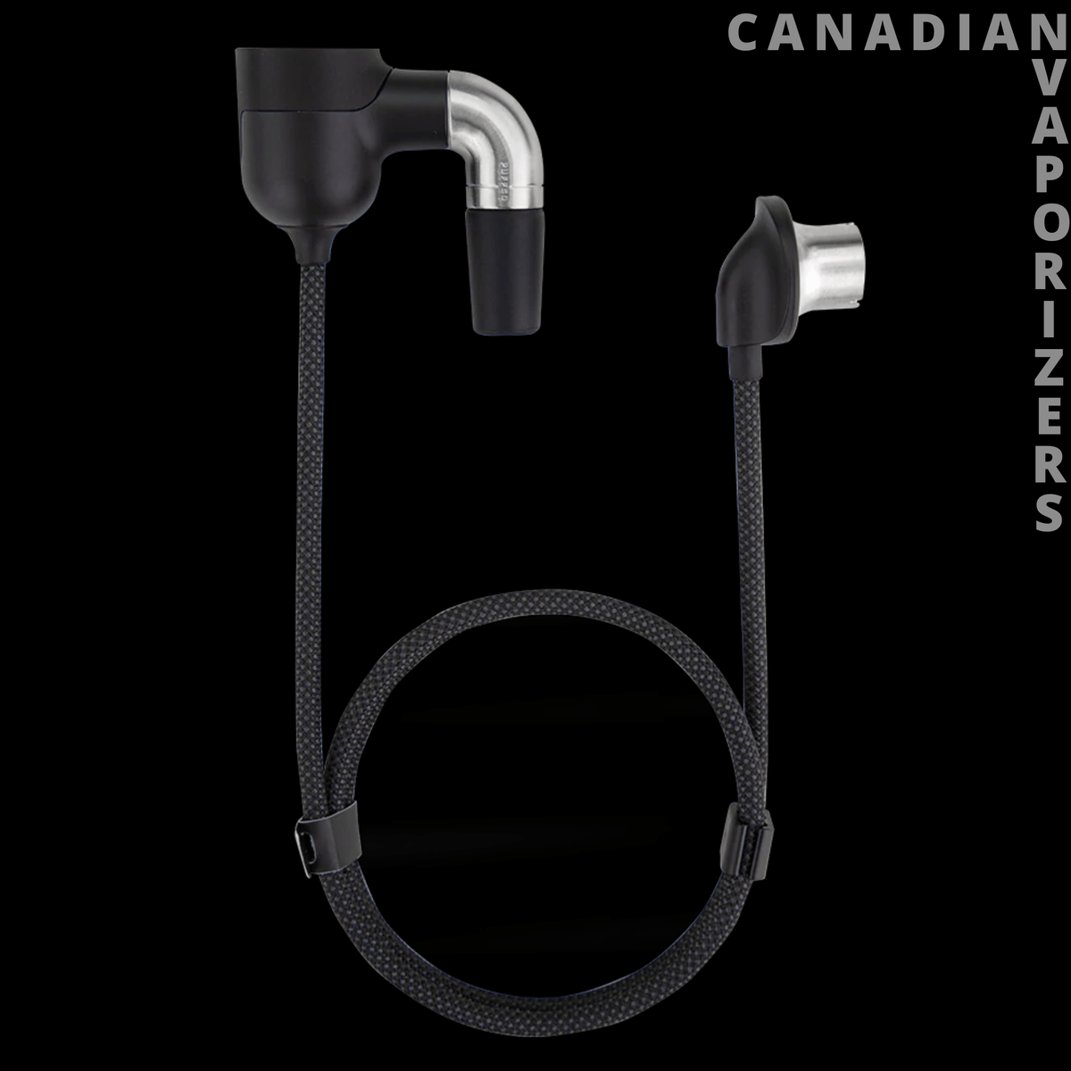 Puffco Peak Pro Link - Black braided cable with a looped cord, two angled connectors, and metal fittings.