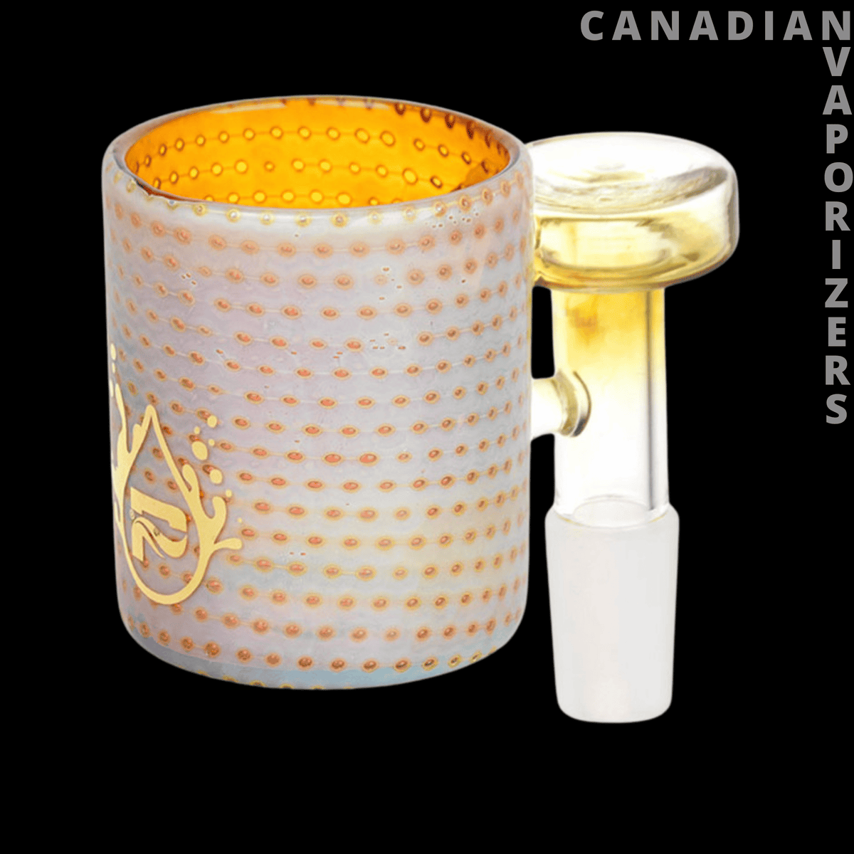 Puffco Proxy 90 degree Bong / Dab Rig Attachment - White and amber dotted ceramic Puffco Proxy attachment with a gold flame motif and clear glass 90-degree adapter.