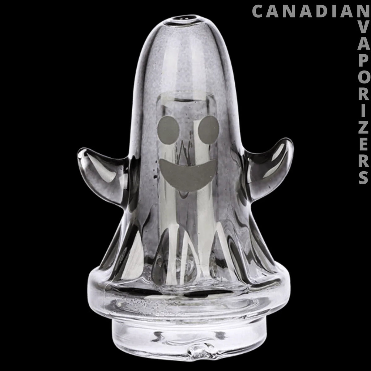 Puffco Peak Custom Mouthpieces - Clear glass Peak mouthpiece shaped like a ghost, with raised side arms and a smiling face design.