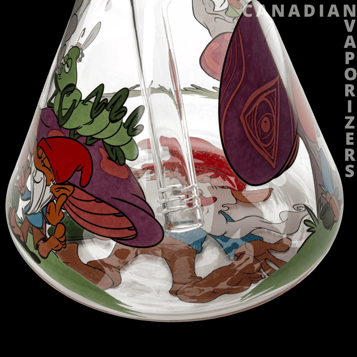 Red Eye Glass 15" Knotty Gnomes Water Pipe - Clear glass water pipe with colorful gnome artwork, including a red-hatted gnome and purple leaf design.