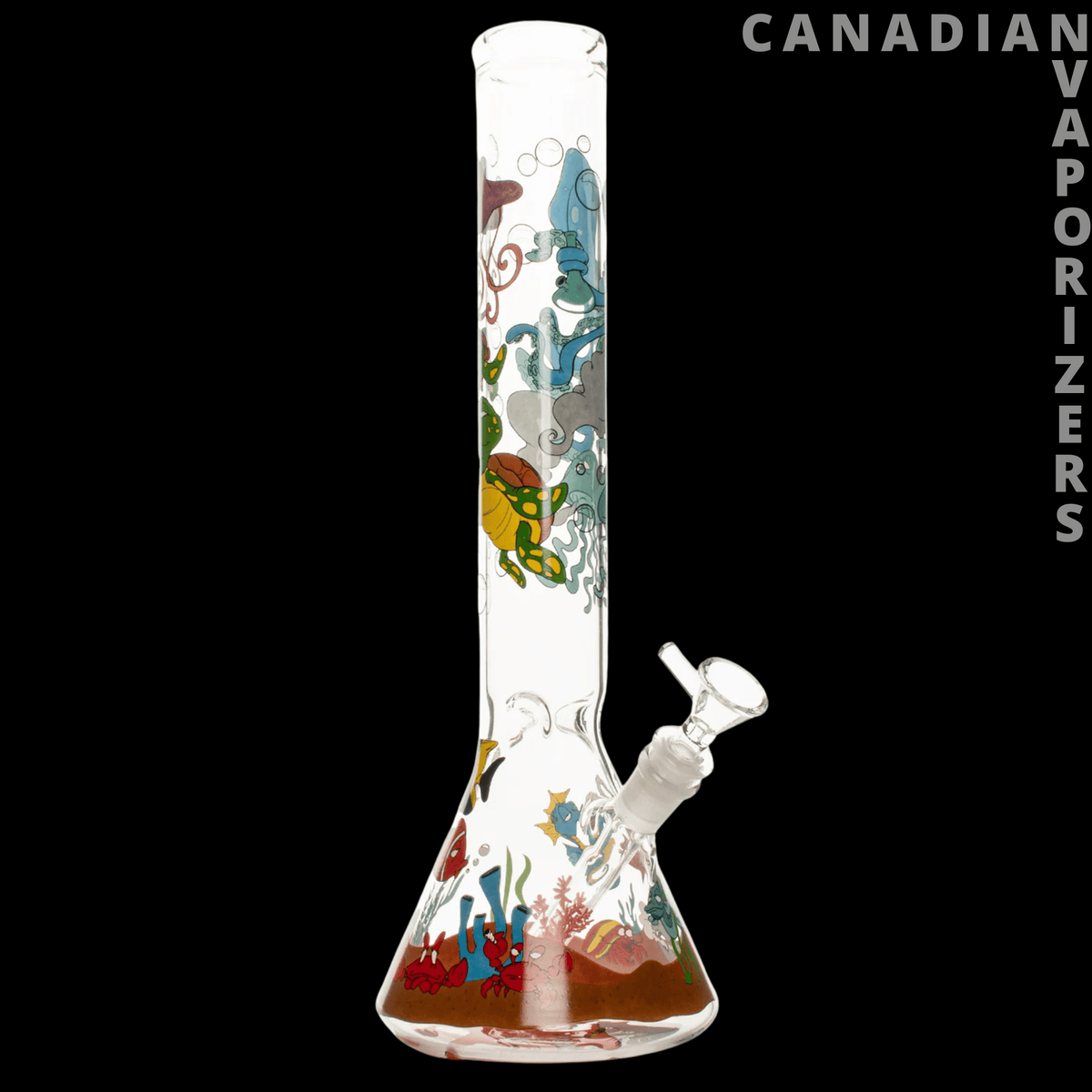 Red Eye Glass 15" Reefer Madness Water Pipe - 15-inch clear glass water pipe with colorful botanical and abstract illustrations and a flared base.