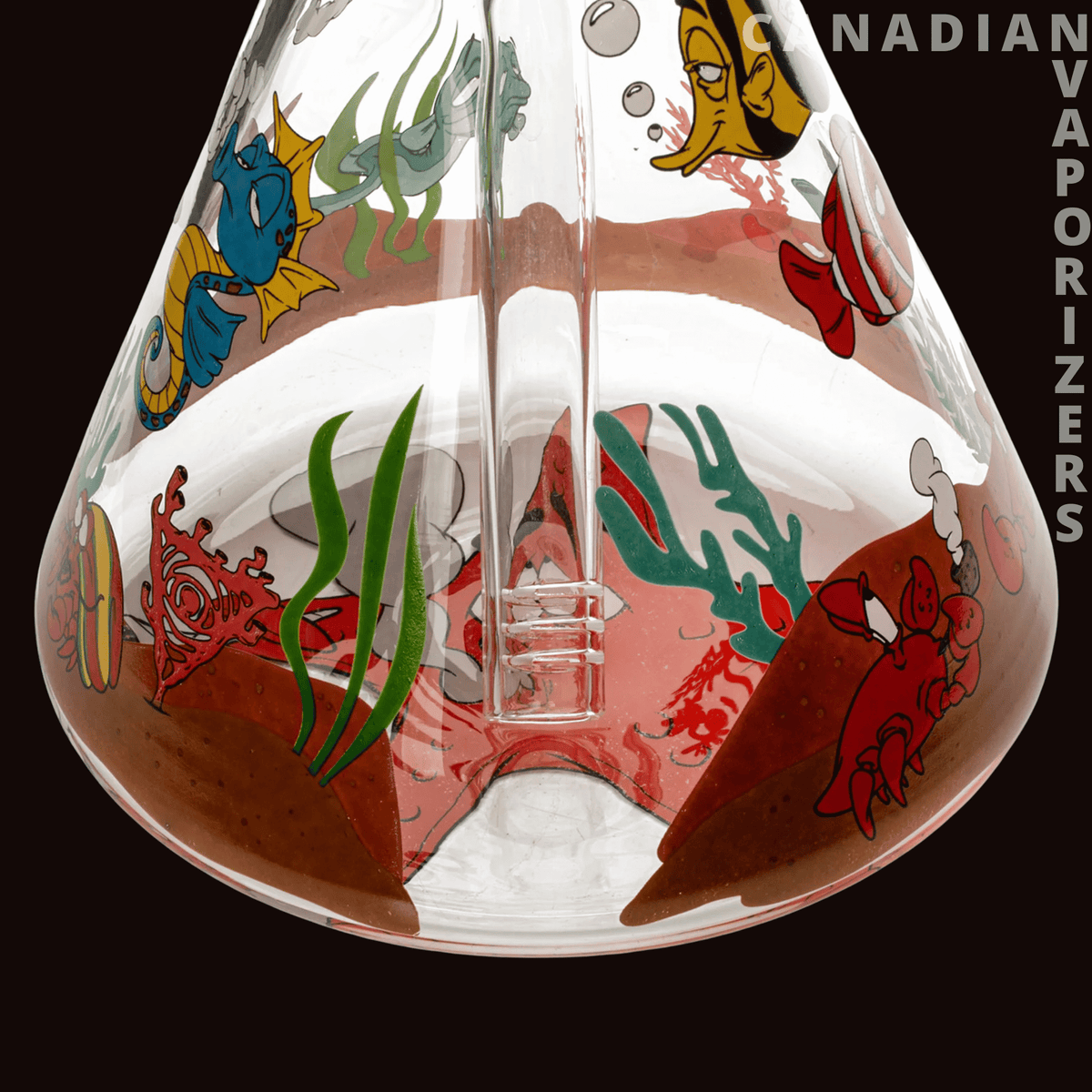 Red Eye Glass 15" Reefer Madness Water Pipe - Clear glass water pipe with colorful vintage cartoon artwork and red accents.
