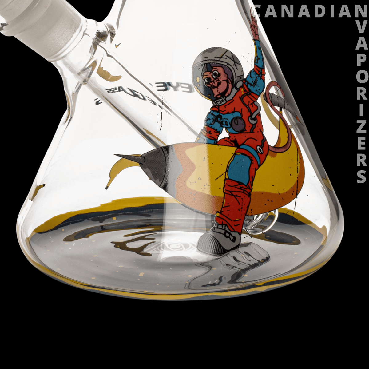 Red Eye Glass 12" Space Monkey Water Pipe - Clear glass water pipe with a colorful astronaut monkey riding a yellow planet in a 12-inch beaker base.