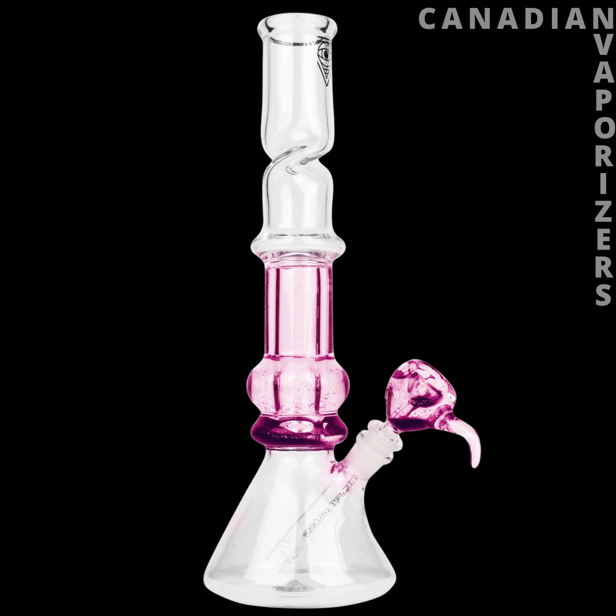 Red Eye Glass 14" Sparkle Liquid Tube - Pink glass liquid tube bong with a clear flared base, glitter-filled chambers, and curved side attachment.