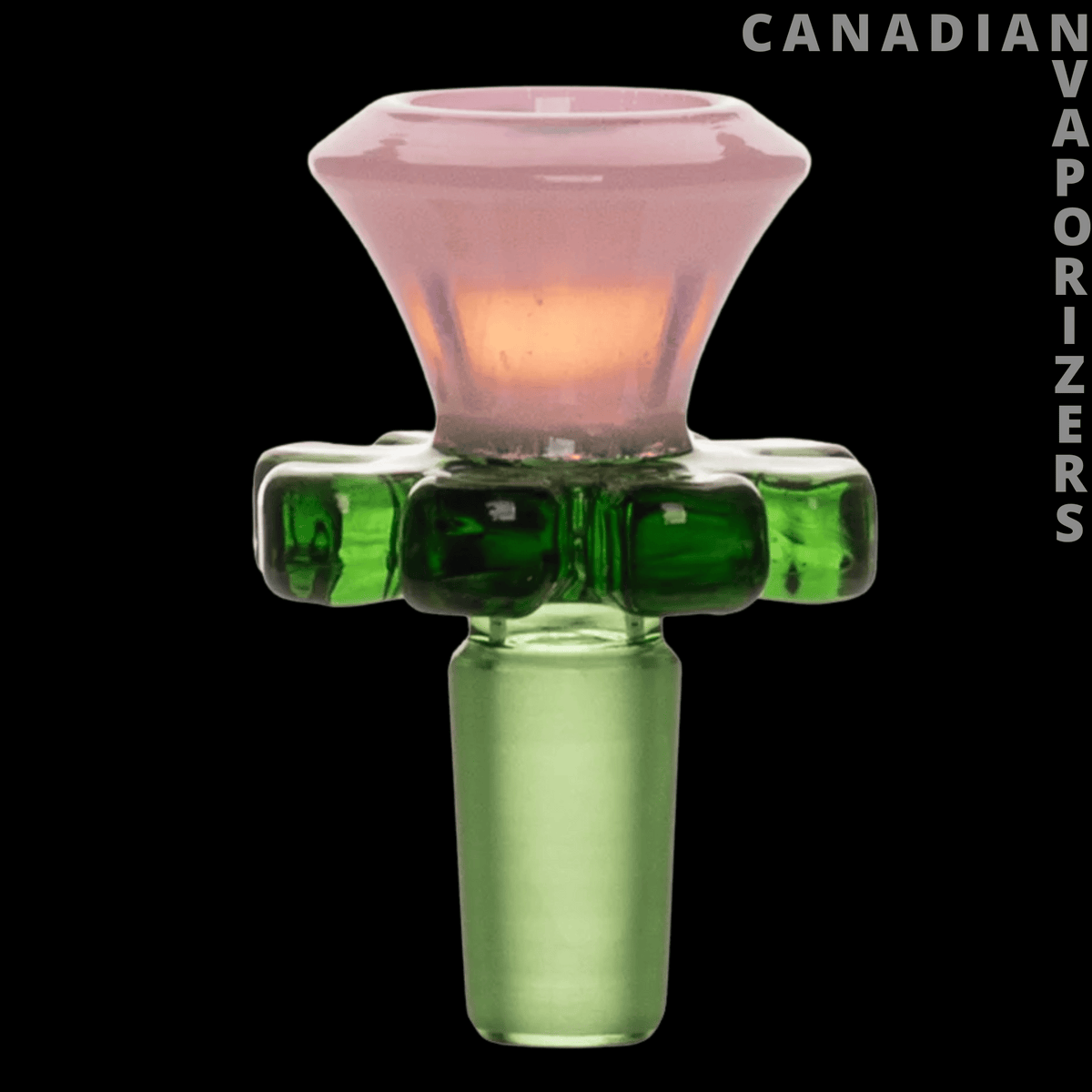 Red Eye Glass 14mm Trumpet Flower Pull-Out - Green glass pull-out bowl with a translucent pink trumpet-shaped flower cup and 14mm stem.