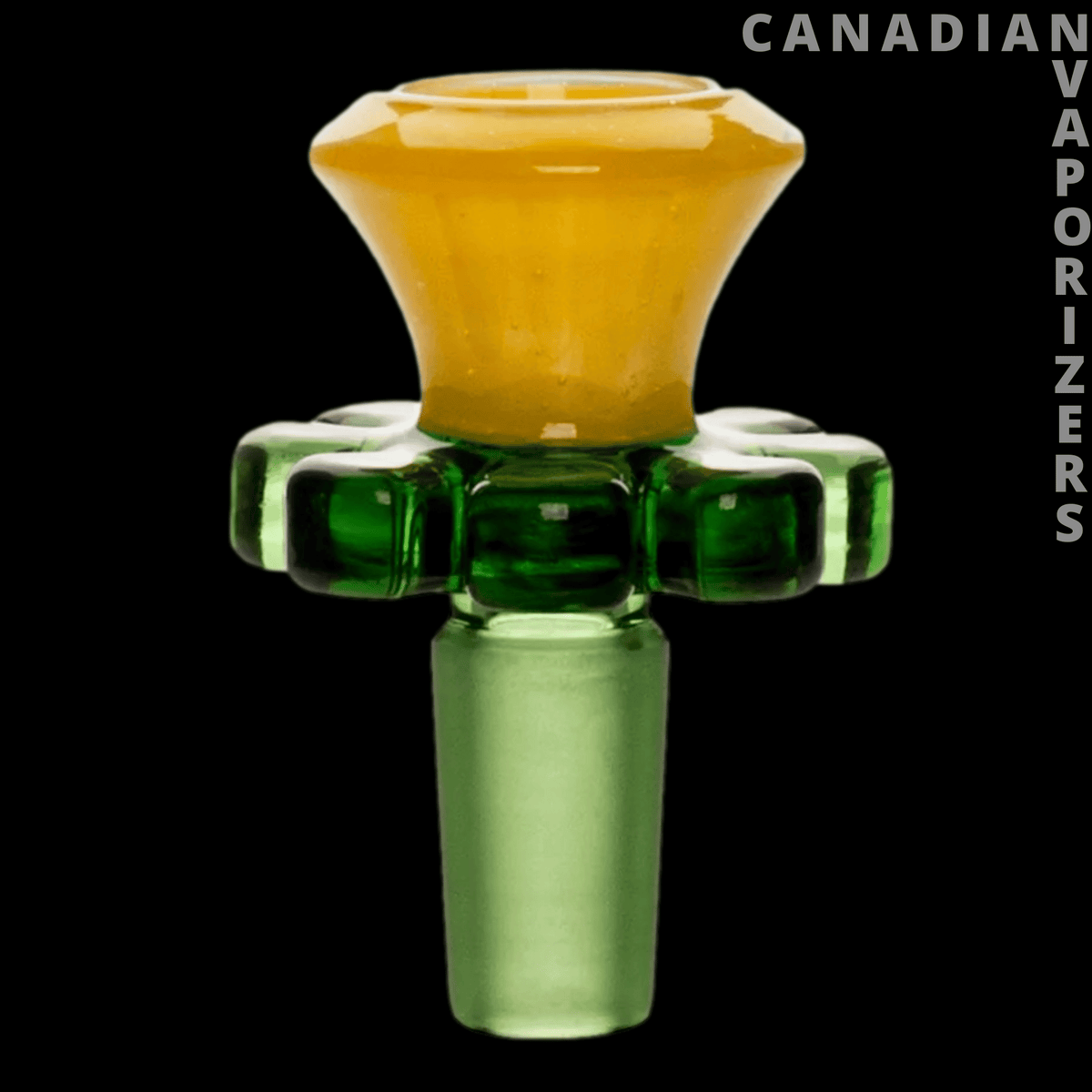 Red Eye Glass 14mm Trumpet Flower Pull-Out - Green glass 14mm pull-out bowl with a yellow trumpet-shaped flower top and frosted tapered joint.
