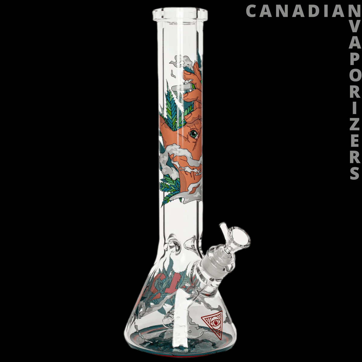 Red Eye Glass 15" 7mm Thick 420 Eye Water Pipe - 15-inch clear glass water pipe with a beaker base, 7mm-thick glass, and red, teal, and orange eye artwork.