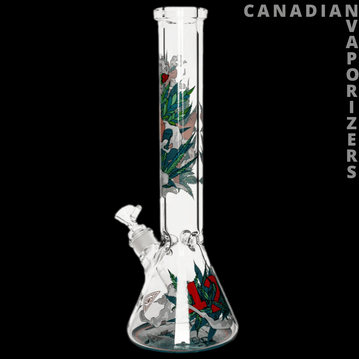 Red Eye Glass 15" 7mm Thick 420 Eye Water Pipe - Clear glass water pipe with a beaker base and colorful red, green, and black eye artwork.