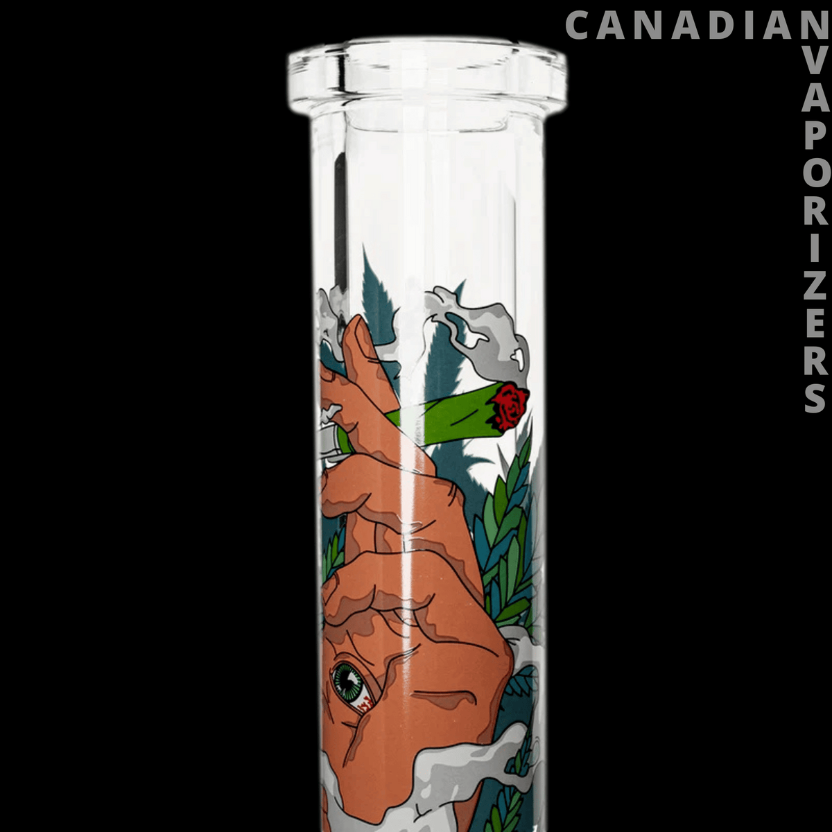 Red Eye Glass 15" 7mm Thick 420 Eye Water Pipe - Clear glass water pipe with a tall cylindrical chamber and colorful animal and foliage artwork.