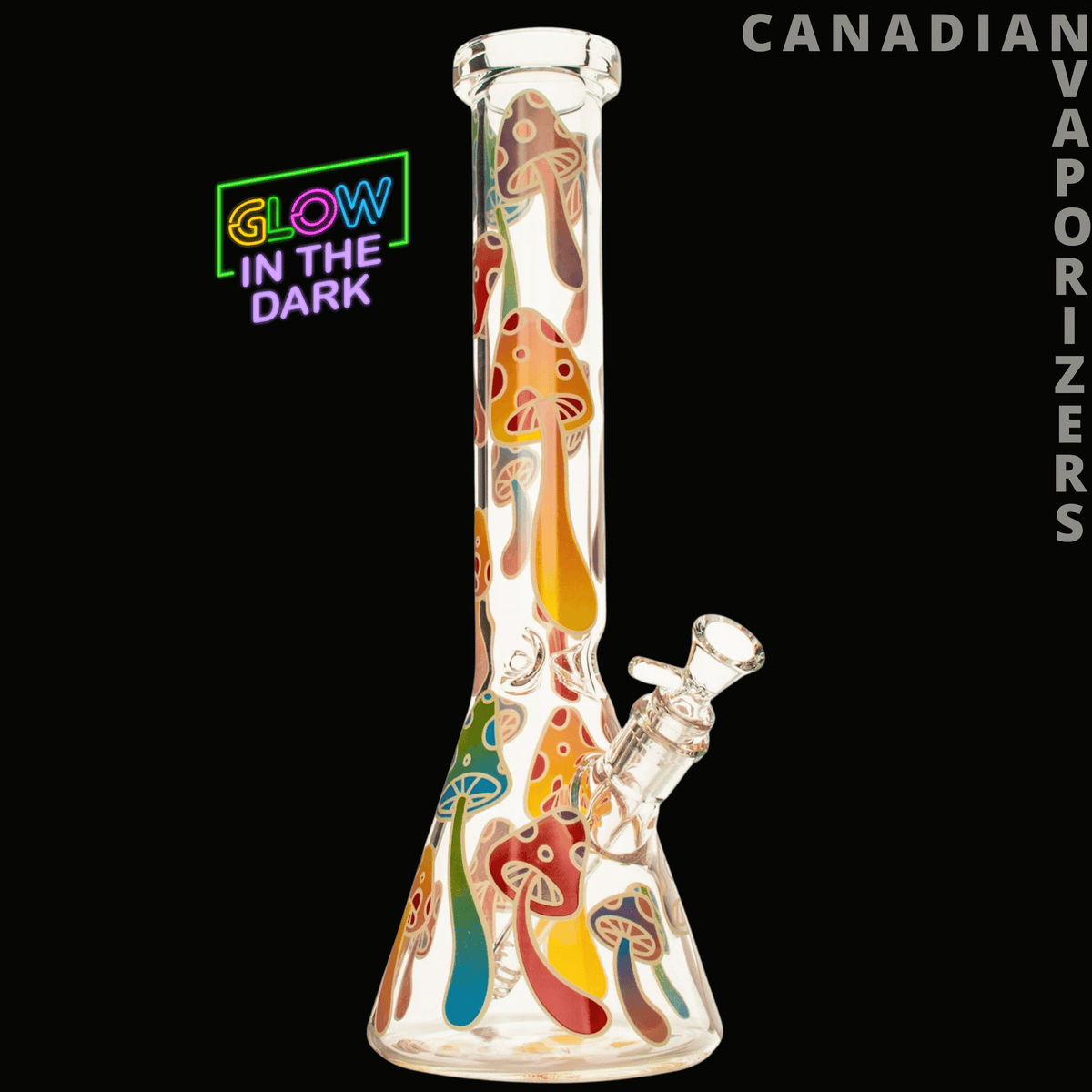Red Eye Glass 15" Glow-in-the-Dark Mushroom Magic Beaker Base Water Pipe - Clear glass beaker water pipe with colorful mushroom patterns and a glow-in-the-dark label.
