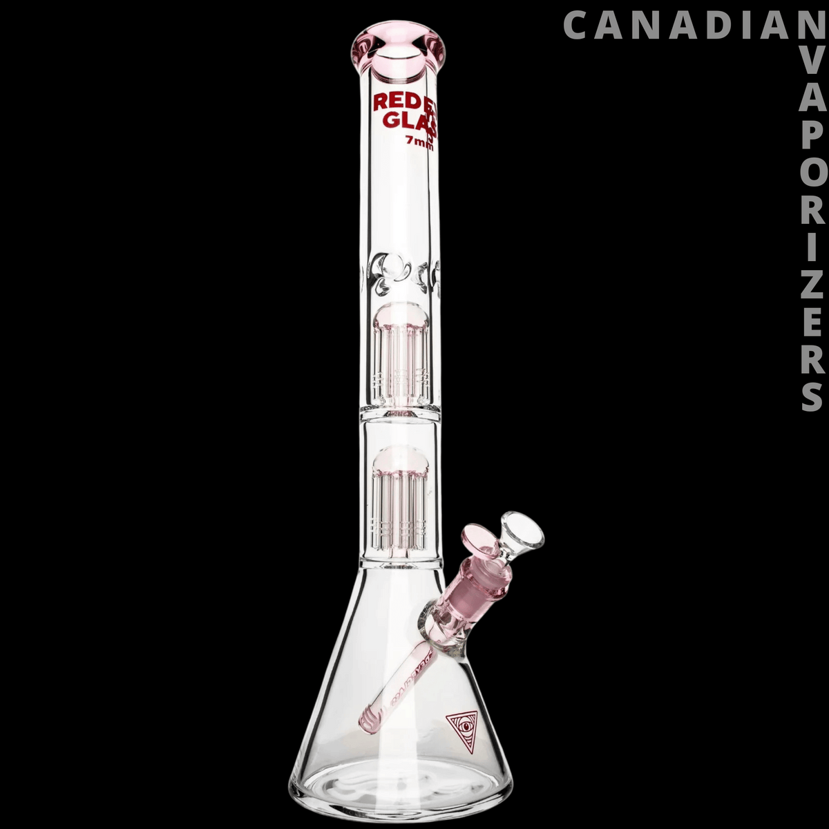 Red Eye Glass 18" 7mm Thick Wildwood Triple Chamber Beaker Base Water Pipe - Clear glass triple-chamber beaker water pipe with pink accents, Red Eye Glass logo, and angled side joint.