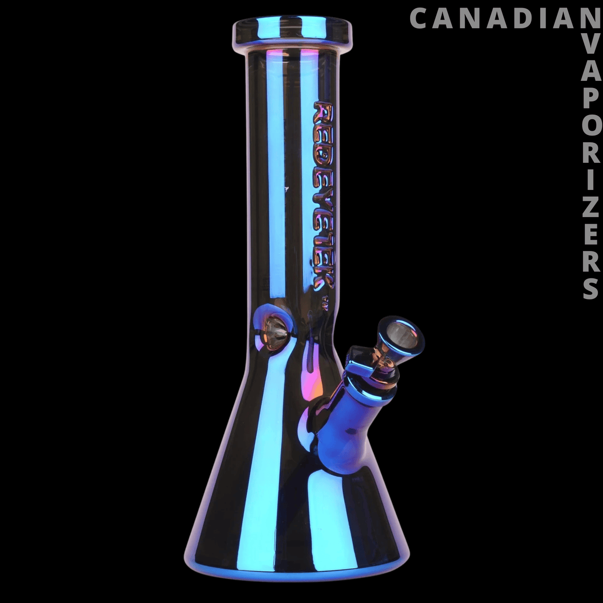Red Eye Tek 12" 7mm Thick Terminator Water Pipe - Metallic blue glass water pipe with a flared base, angled side bowl, and Red Eye Tek branding.