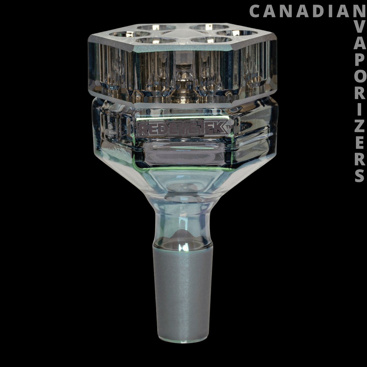 Red Eye Tek 14mm Revolution Pull-Out V2 - Clear glass pull-out bong bowl with a faceted, metallic iridescent chamber and tapered joint.