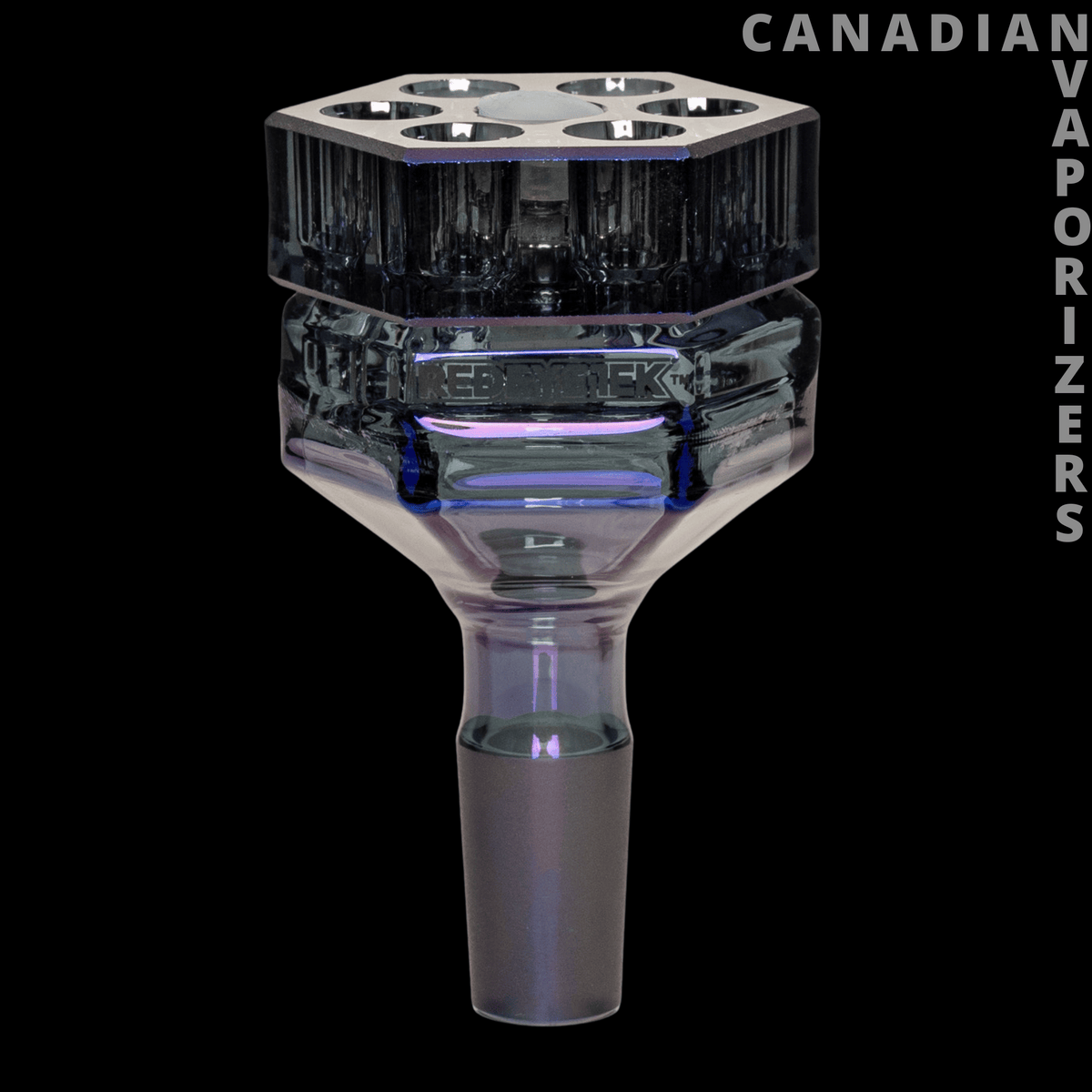 Red Eye Tek 14mm Revolution Pull-Out V2 - Smoky glass 14mm pull-out bowl with a faceted chamber, clear stem, and blue-purple accents.