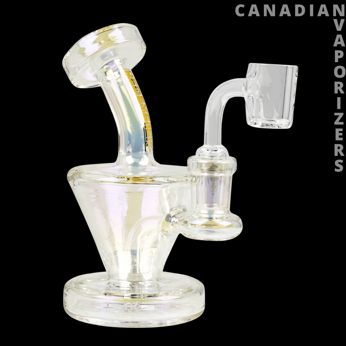 Red Eye Tek 5.5" Metallic Terminator Finish Quantum Concentrate Rig - 5.5-inch clear glass concentrate rig with iridescent metallic accents, flared base, angled neck, and quartz banger.