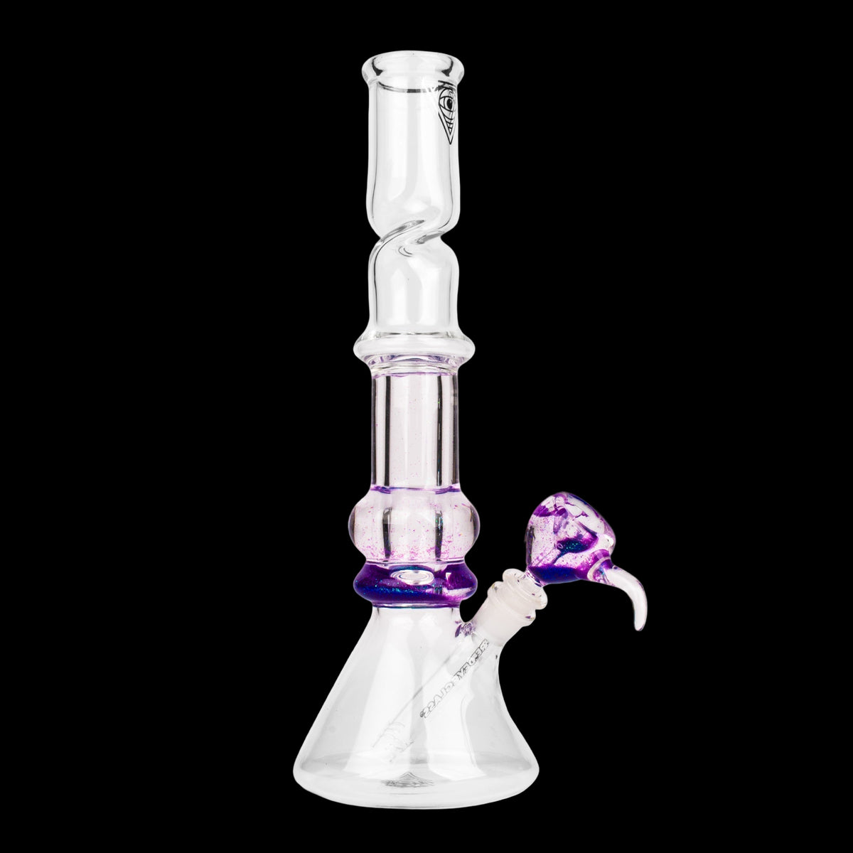 Red Eye Glass 14" Sparkle Liquid Tube - Clear glass liquid tube bong with a flared base, purple accents, and a faceted purple side handle.