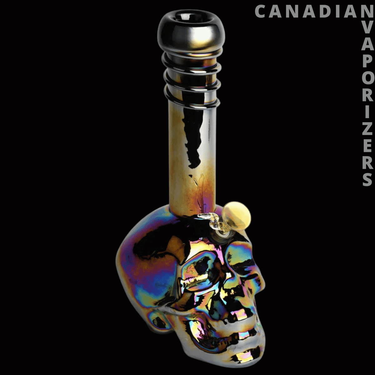 Retro Glass 14" Platinum Metallic Large Skull Tube - 14-inch glass skull bong with an iridescent platinum finish and a tall ribbed neck.