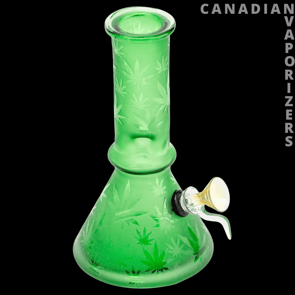 Retro Glass 8" Etched Multi Leaf Beaker - Green glass beaker bong with etched cannabis leaves, flared base, and clear side-mounted bowl.