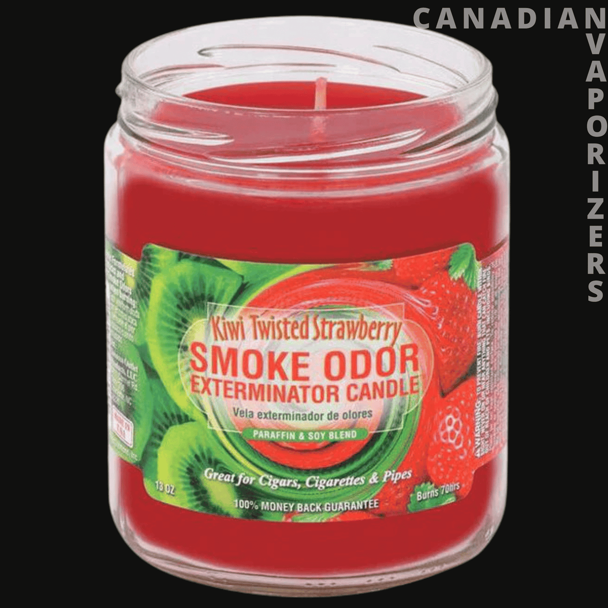 Smoke Odor 13oz Kiwi Twisted Strawberry Candle - Clear glass jar candle filled with red wax, featuring a kiwi and strawberry Smoke Odor label.