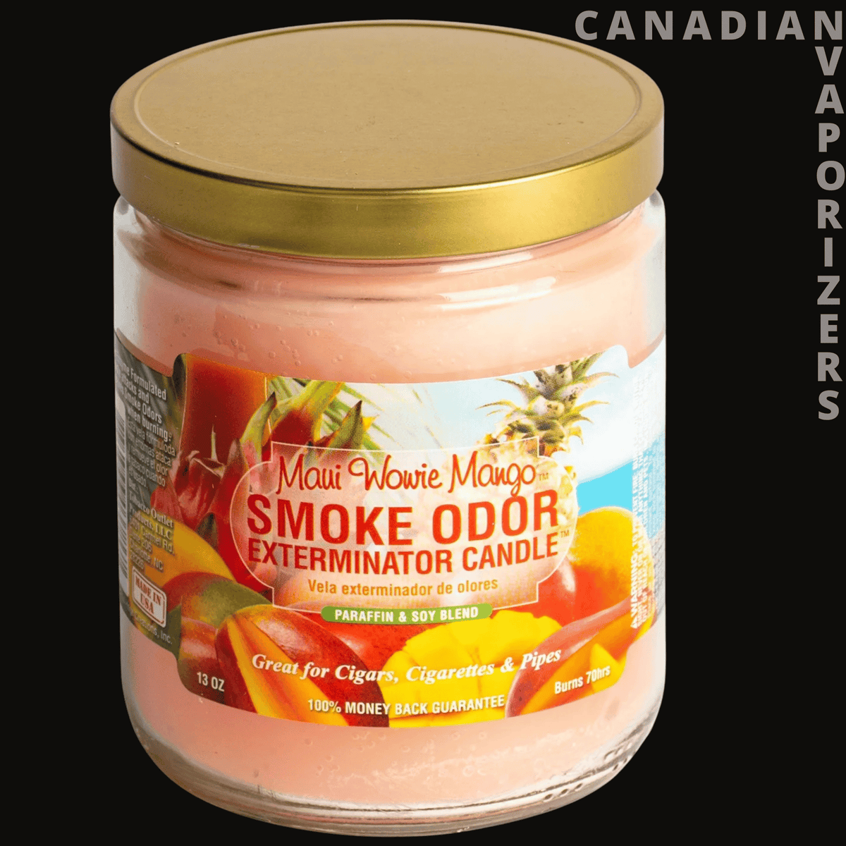 Smoke Odor 13oz Maui Wowie Mango Candle - 13 oz glass candle with a gold lid, peach-colored wax, and a vibrant mango smoke odor label.