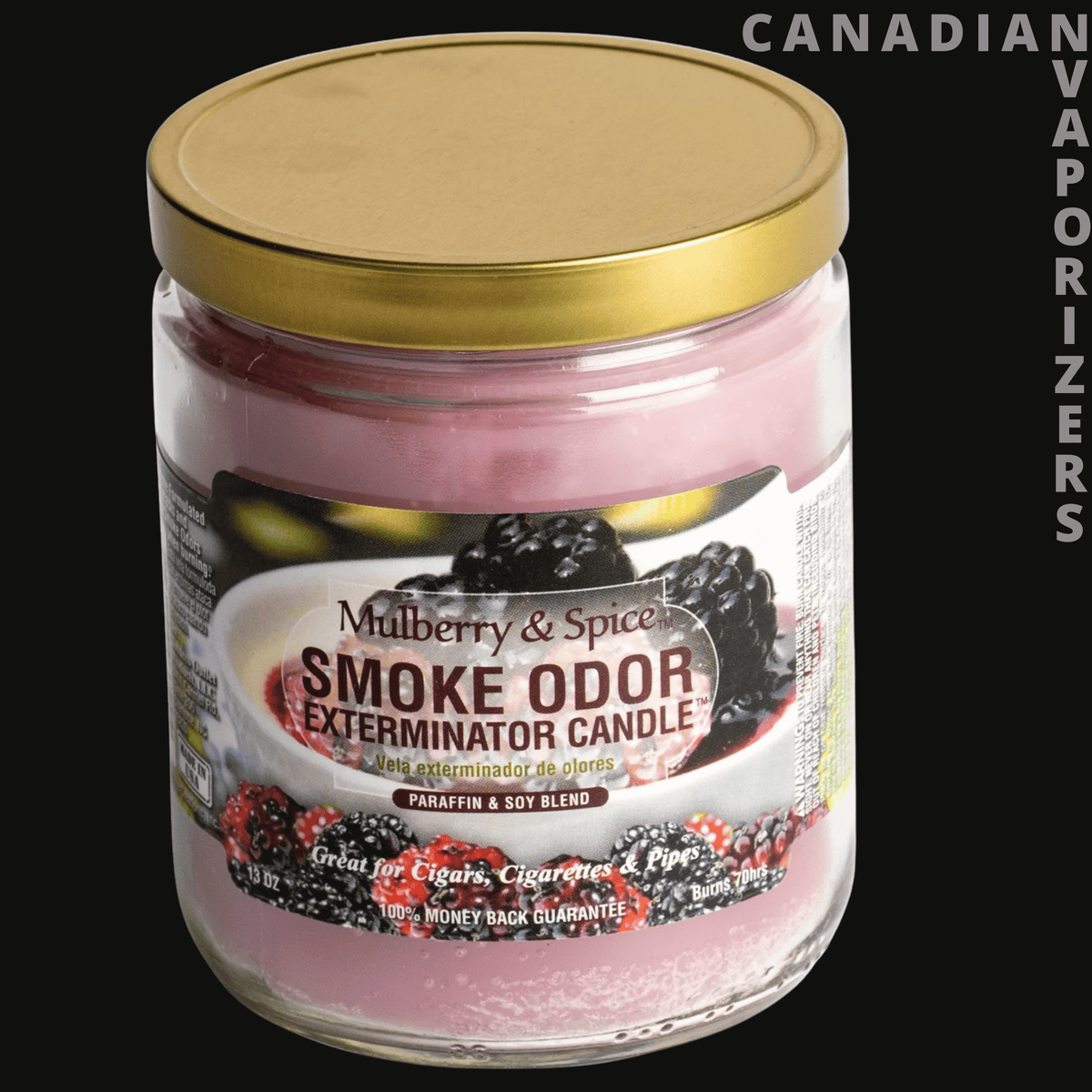 Smoke Odor 13oz Mulberry & Spice Candle - 13-ounce mulberry and spice smoke odor candle in a clear glass jar with a gold lid and pink wax.