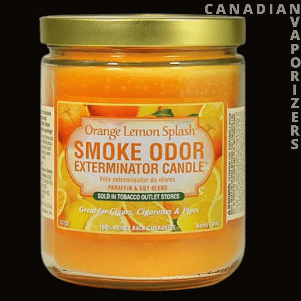Smoke Odor 13oz Orange Lemon Splash Candle - Orange Lemon Splash smoke odor candle in a clear glass jar with a gold lid and bright orange wax.