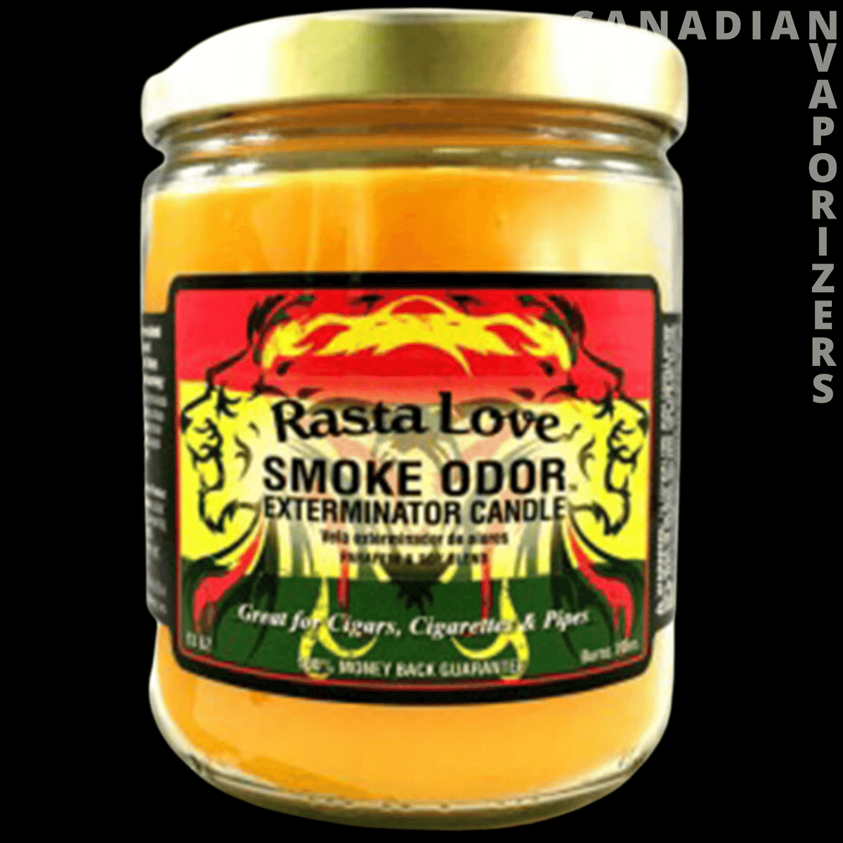 Smoke Odor 13oz Rasta Love Candle - 13-ounce yellow glass candle jar with gold lid and red, yellow, and green Rasta Love Smoke Odor label.