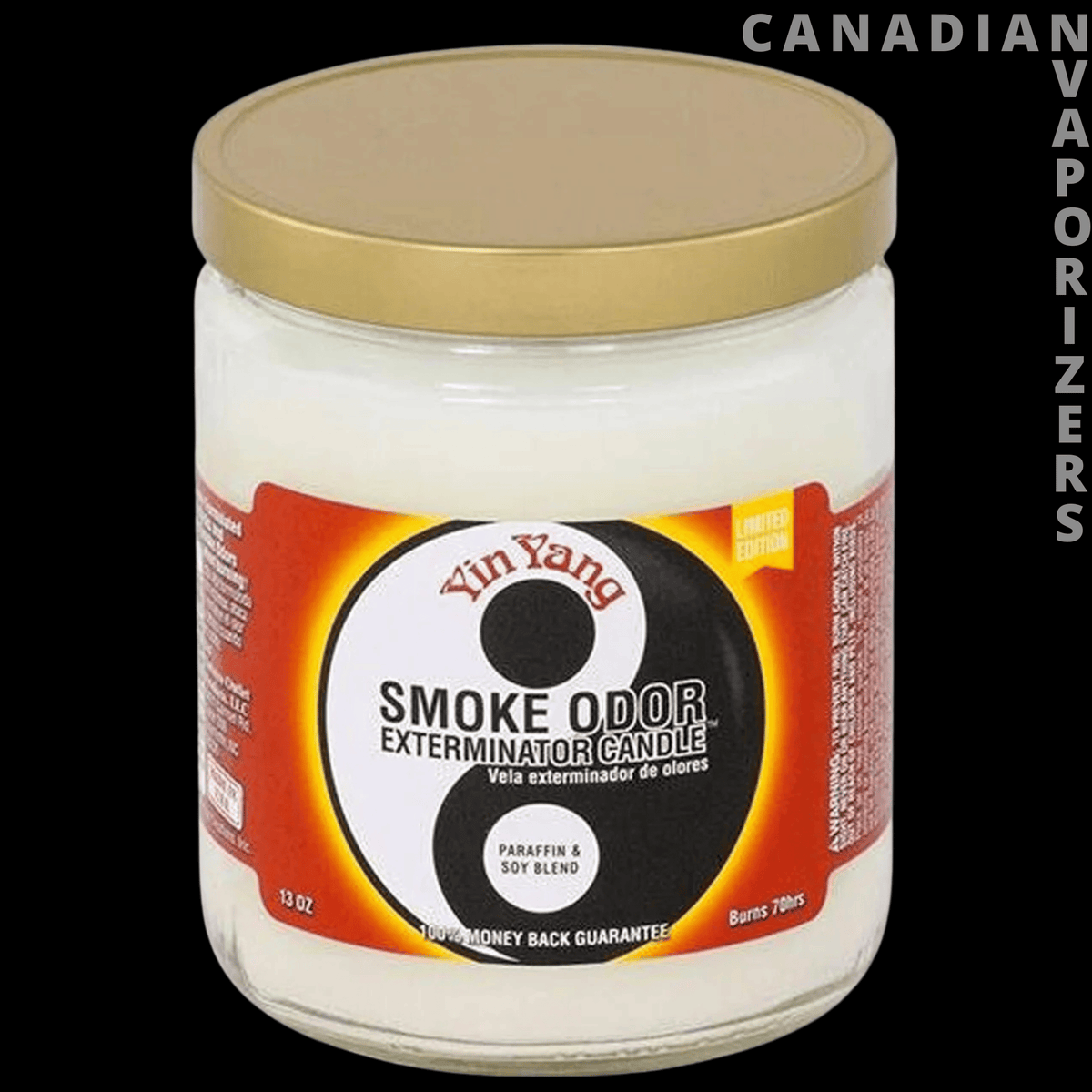 Smoke Odor 13oz Yin Yang Candle - White glass candle jar with a gold lid and a red, yellow, and black Yin Yang smoke odor label.