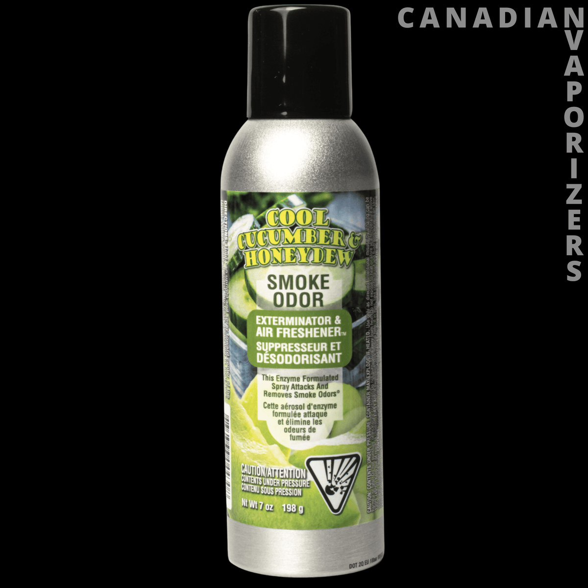 Smoke Odor 7oz Cool Cucumber & Honeydew Spray - Silver aerosol spray can with a black cap and green Cool Cucumber & Honeydew smoke odor label.