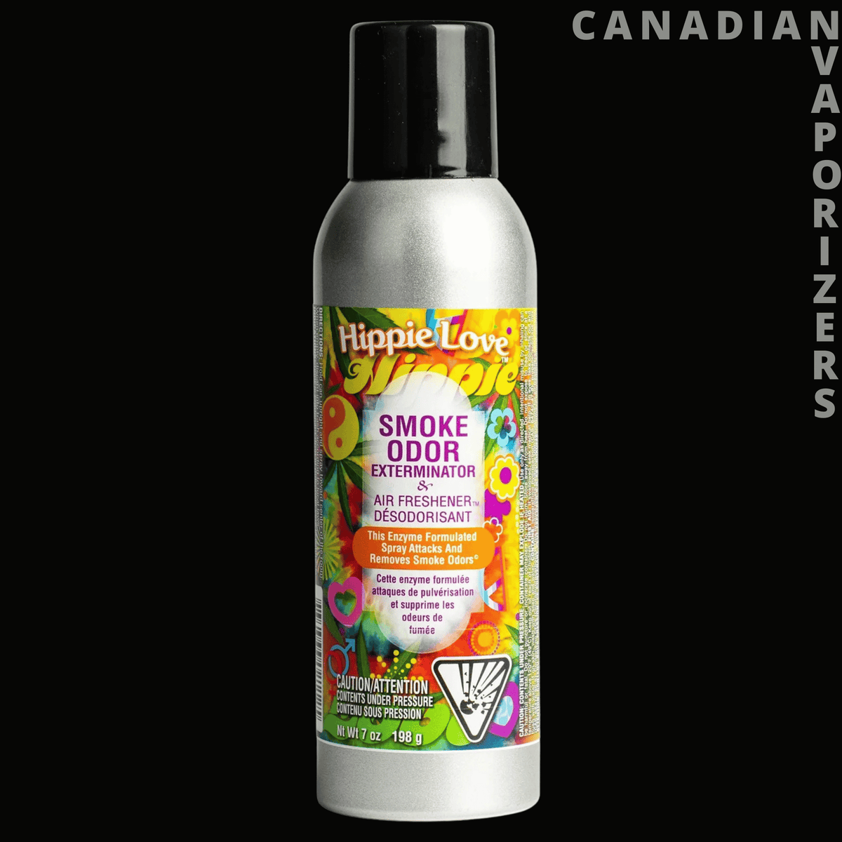 Smoke Odor 7oz Hippie Love Spray - Silver 7-ounce Hippie Love odor-removing spray can with a black cap and colorful floral label.