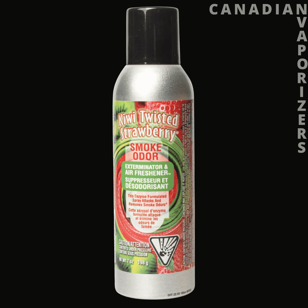 Smoke Odor 7oz Kiwi Twisted Strawberry Spray - Silver 7-ounce spray can with a black cap and green, red, and white Kiwi Twisted Strawberry smoke odor label.