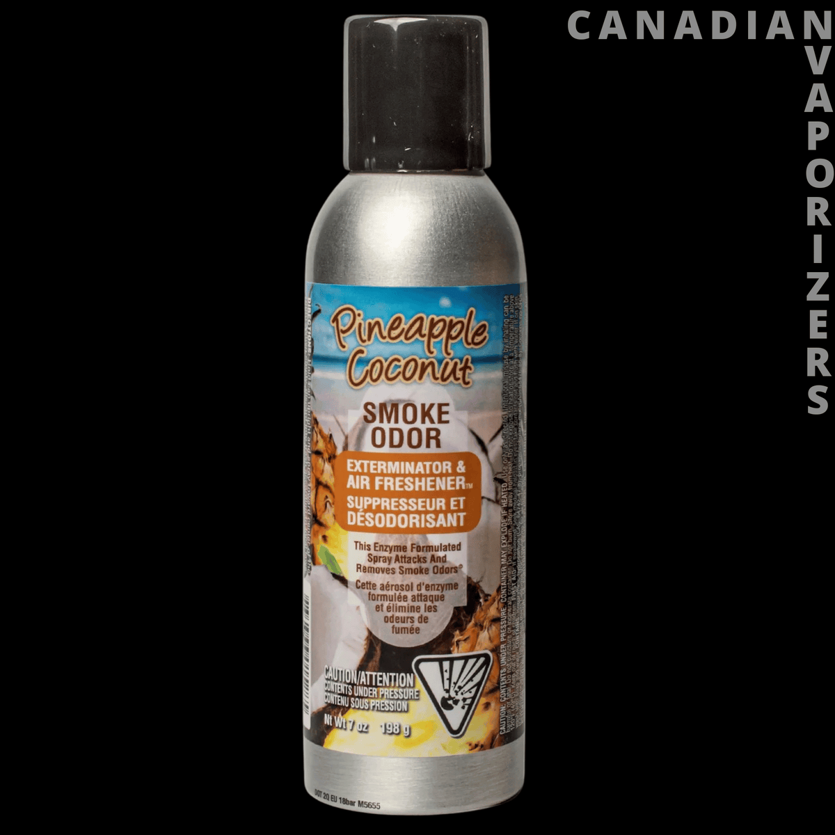 Smoke Odor 7oz Pineapple Coconut Spray - Silver 7 oz aerosol can of Pineapple Coconut smoke odor spray with a black cap and colorful label.