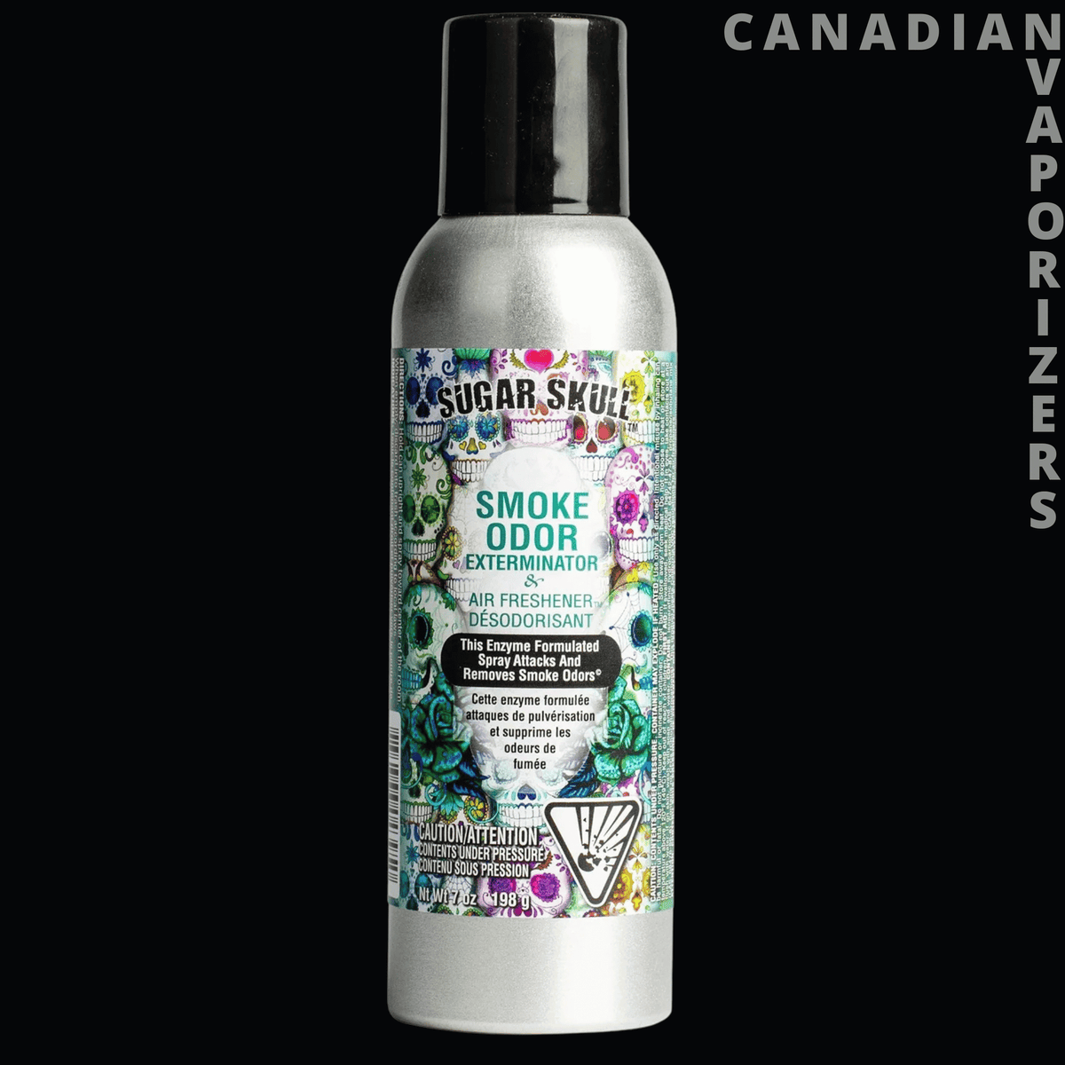 Smoke Odor 7oz Sugar Skull Spray - Silver 7 oz Sugar Skull smoke odor spray bottle with a black cap and colorful Halloween label.