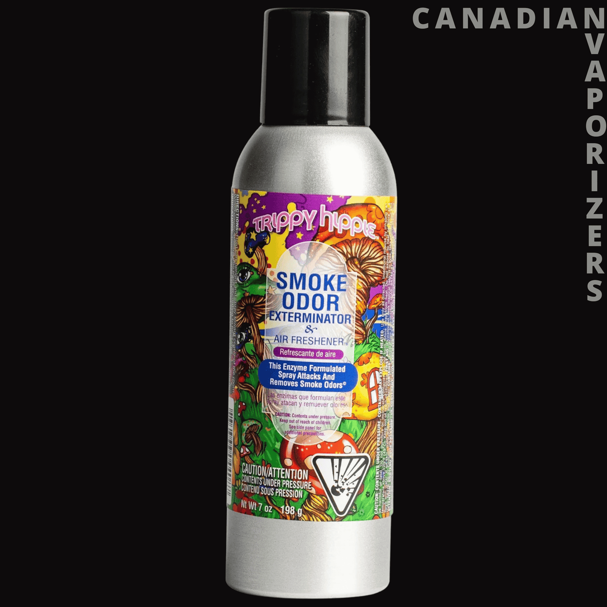 Smoke Odor 7oz Trippy Hippie Spray - Silver 7 oz spray can with black cap and colorful Trippy Hippie smoke odor eliminator label.