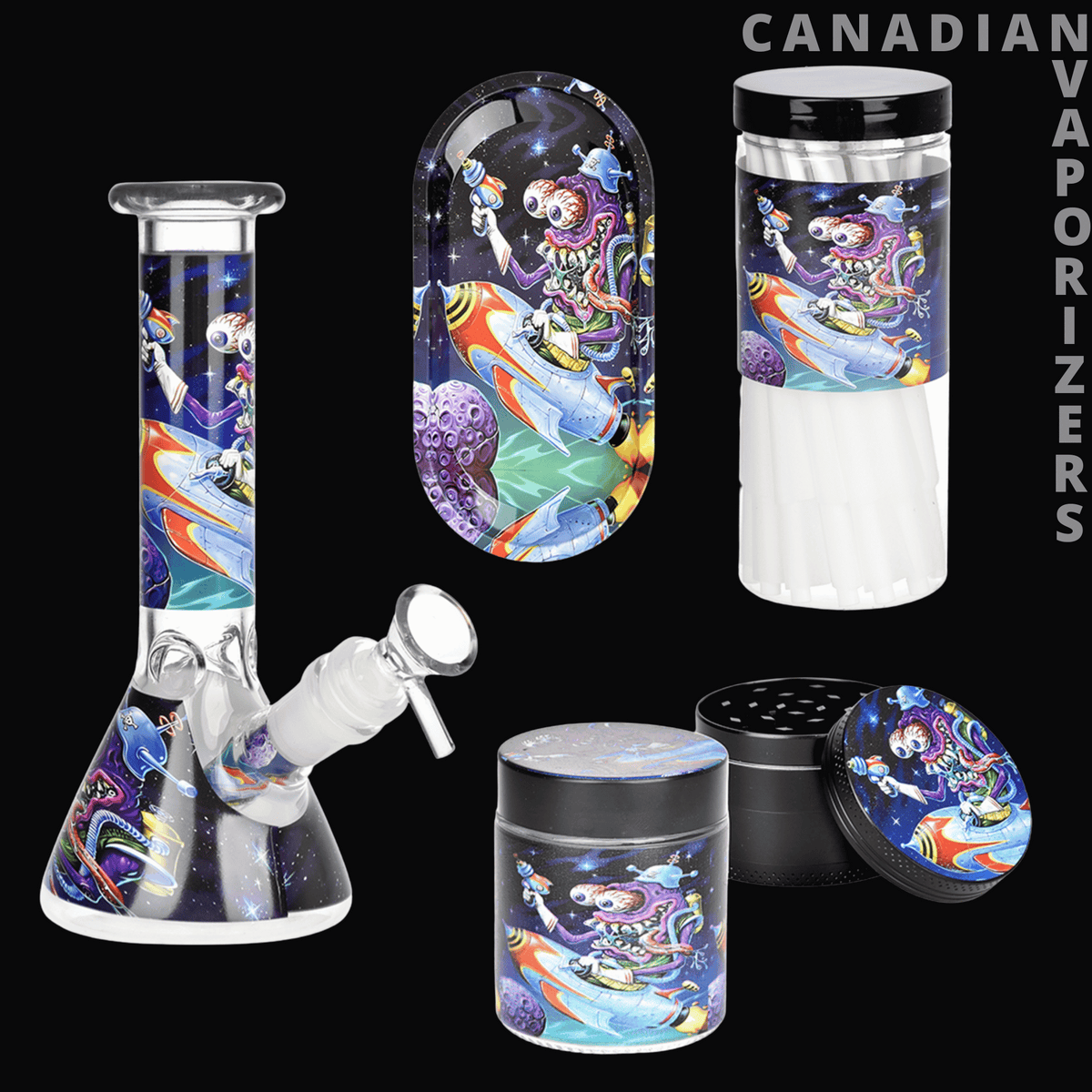 Space Monster Glass Beaker Water Pipe Smoking Set 7.75" - 7.75-inch glass beaker water pipe set with colorful space monster artwork and matching storage jars, grinder, and scoop.
