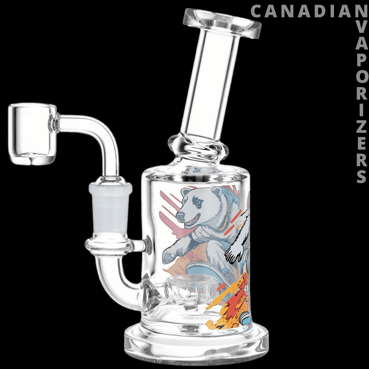 Sub-Zero Shredder Polar Bear Dab Rig – 6.25" - Clear glass dab rig with a bent side attachment and polar bear artwork in blue, red, and orange.