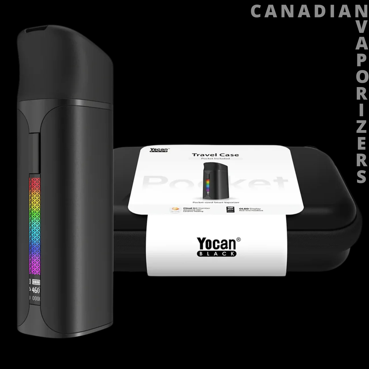 Yocan Black Pocket - Black Yocan Pocket vaporizer with a rounded rectangular body and vertical multicolor LED display, beside its case and.