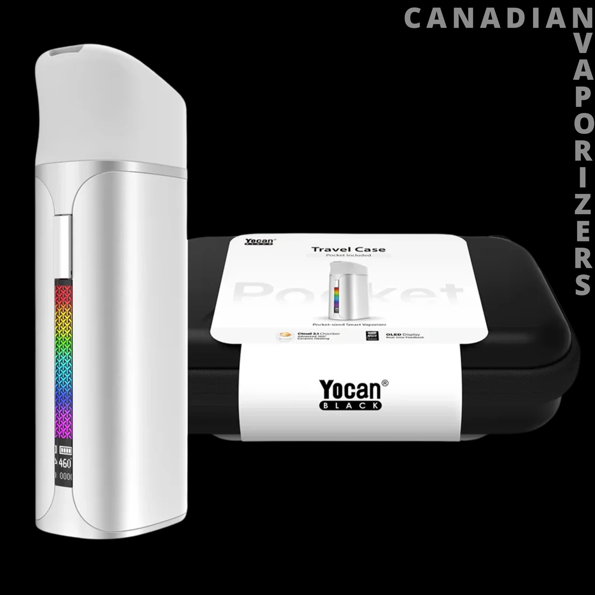 Yocan Black Pocket - White Yocan Black Pocket vaporizer with a curved mouthpiece and rainbow-colored side indicator beside its black case.