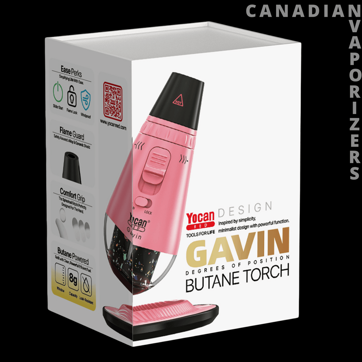 Yocan Gavin Torch - Yocan Gavin pink butane torch with black nozzle, shown on its white retail box.