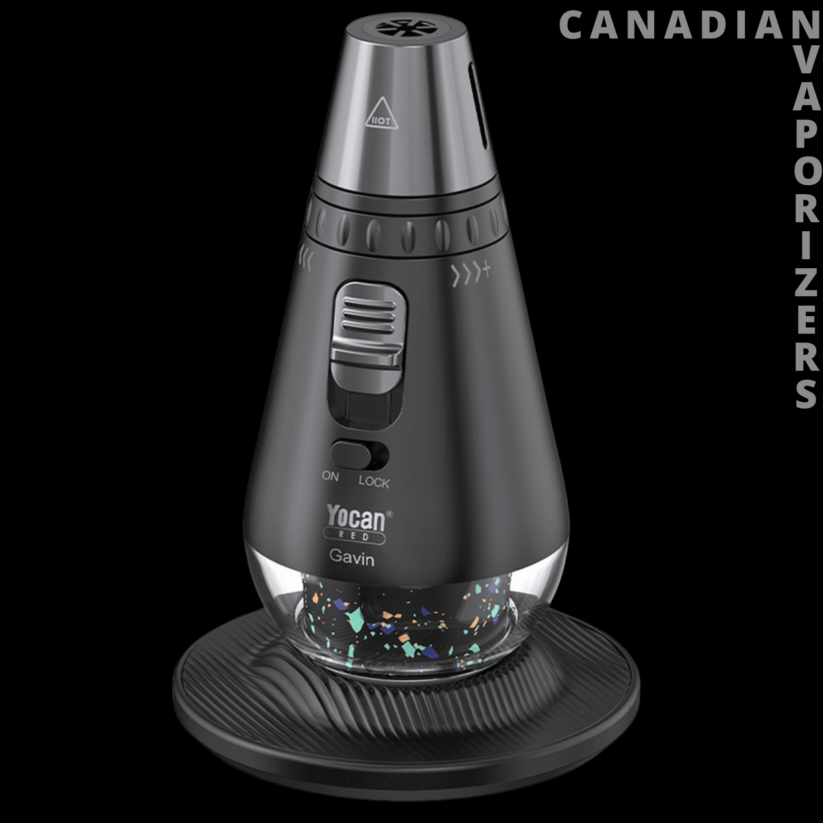 Yocan Gavin Torch - Black Yocan Gavin torch with a tapered metal body, silver nozzle, side controls, and round textured base.