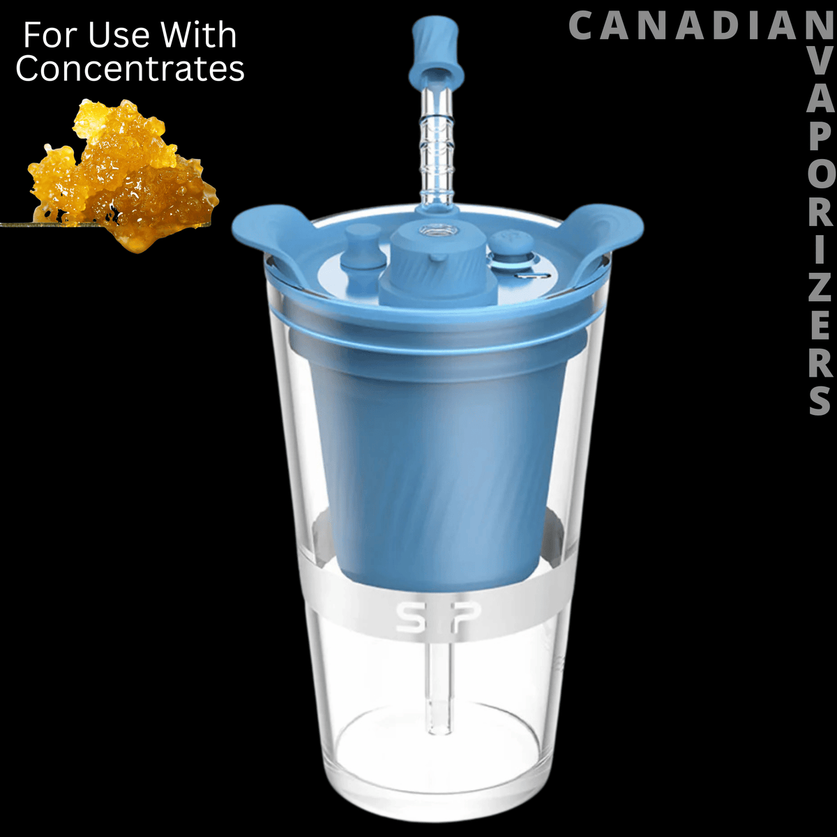 Yocan Black Sip - Blue Yocan Black Sip concentrate vaporizer with a clear cup, metal straw, and compact lid.